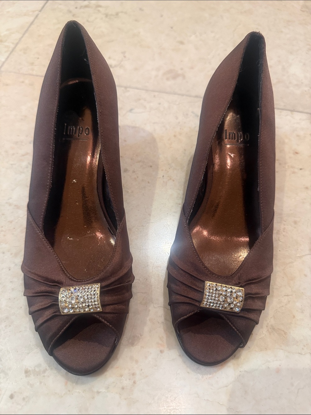 Impo Chocolate Brown Satin Peep-Toe Heels with Rhinestone Buckle